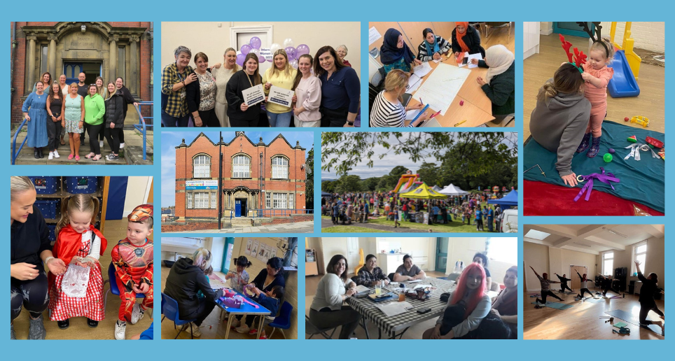 Riverside collage showing pictures of the building, the staff team and a women's group